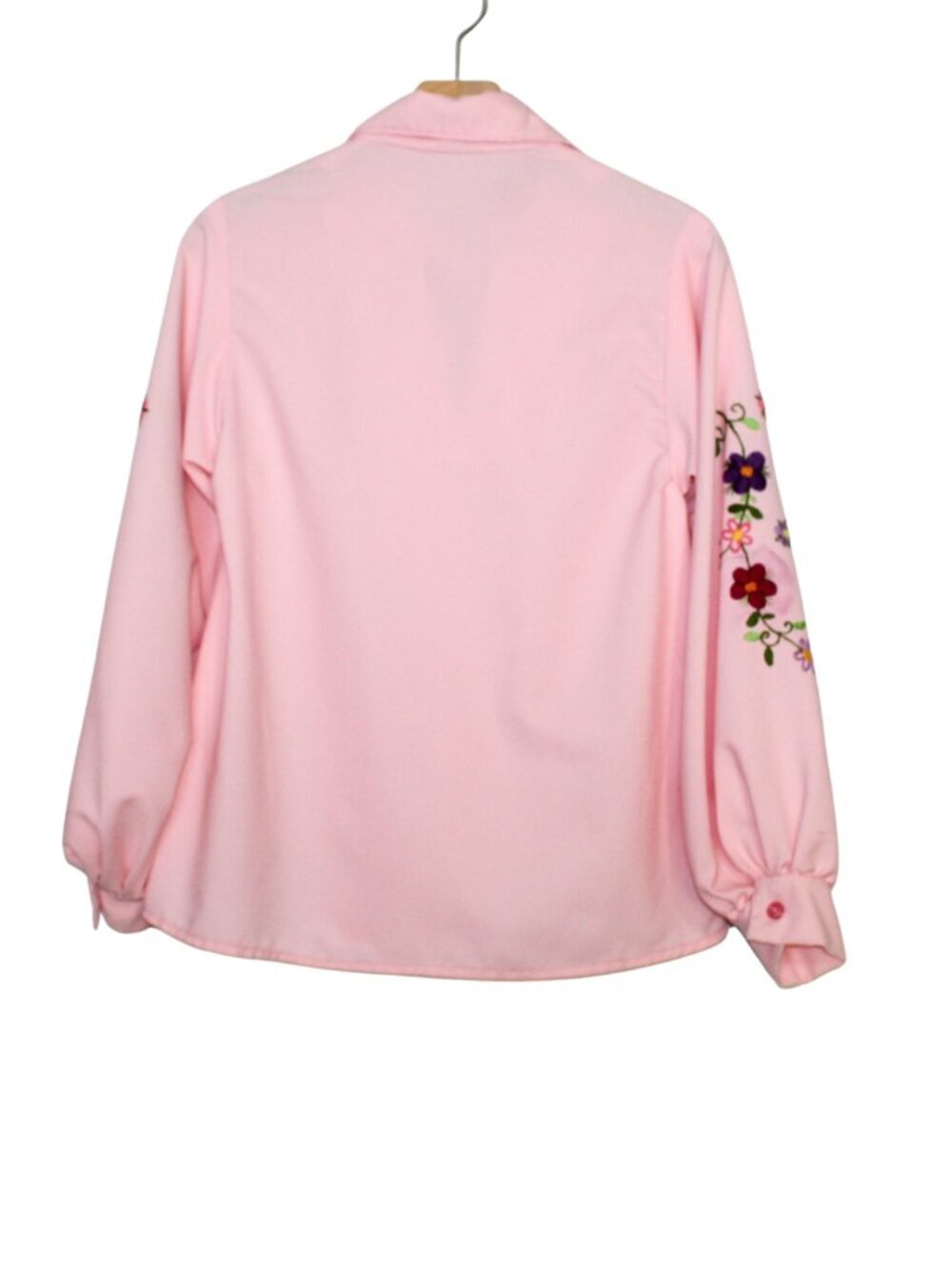 Vintage 70s women's blouse pink handmade pointed collar floral embroidered - Picture 2 of 11
